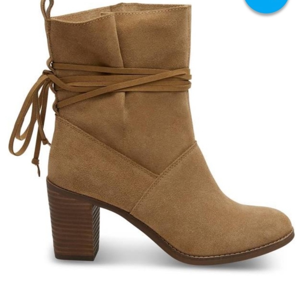 Toms Mila Toffee Wrap Laces Suede stacked Block 3” Heel Boots 10 Pristine $98 - Picture 11 of 14